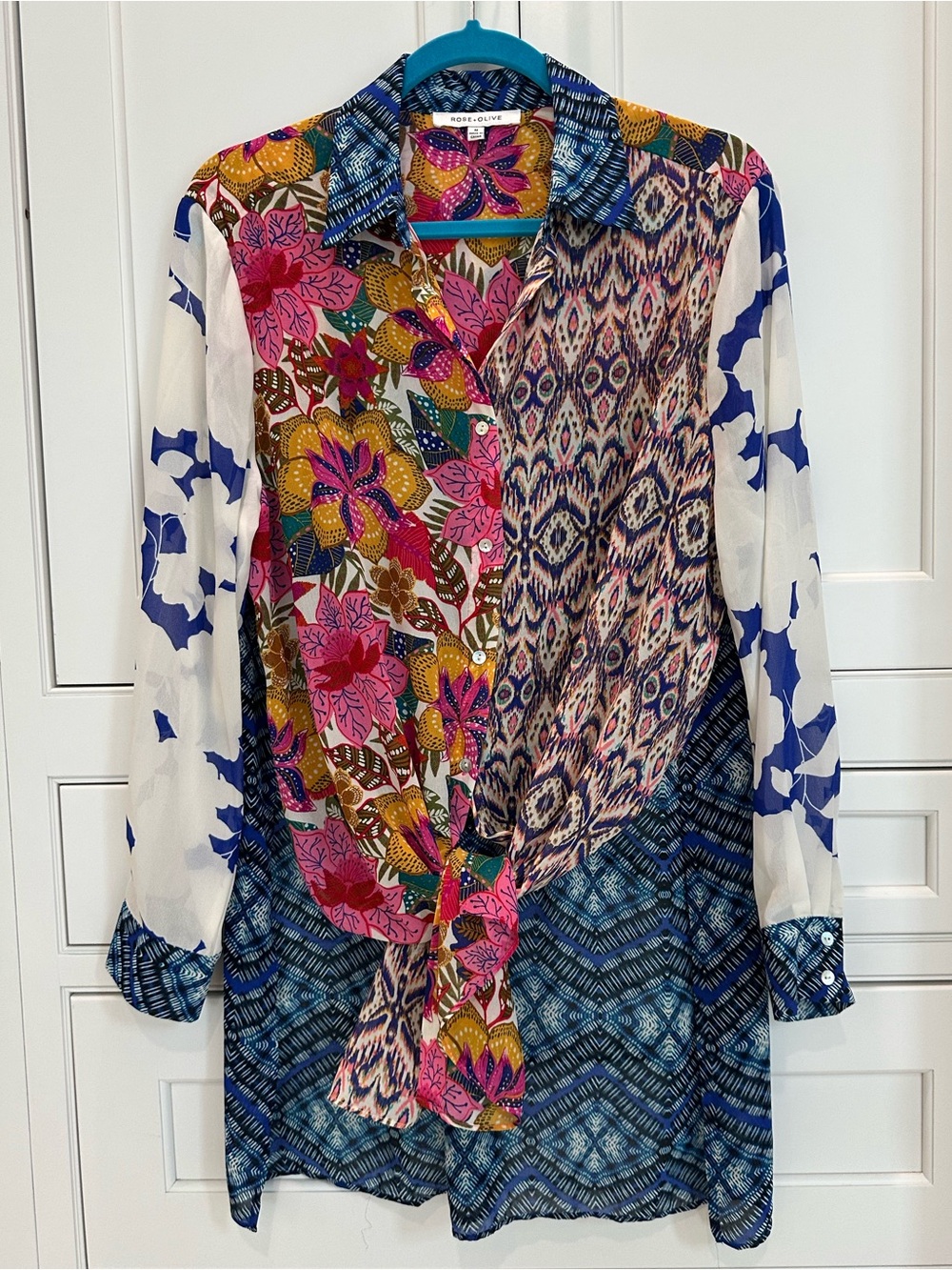 Rose & Olive Floral Patchwork long line blouse Top Swim Cover Artsy Oversized M